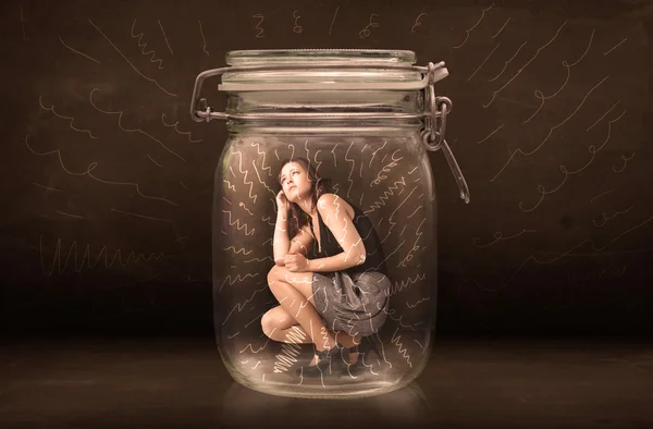 Businesswoman inside a jar with powerful hand drawn lines concep — Stock Photo, Image