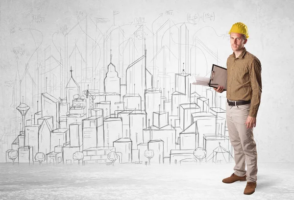 Construction worker with cityscape background — Stock Photo, Image