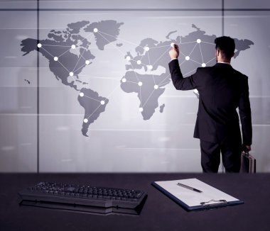 Dünya Haritası üzerinde nokta çizim iş kişi