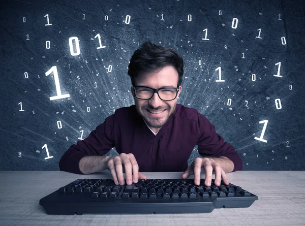 Online intruder geek guy hacking codes — Stock Photo, Image