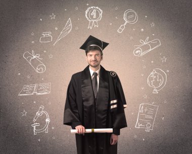 Elle çizilmiş okul ikonlarıyla mutlu bir öğrenci.