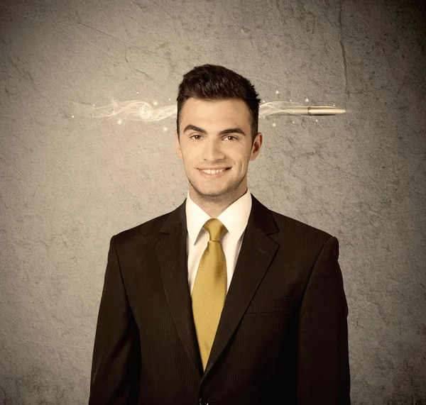 Fast creative sales guy with smoking bullet — Stock Photo, Image