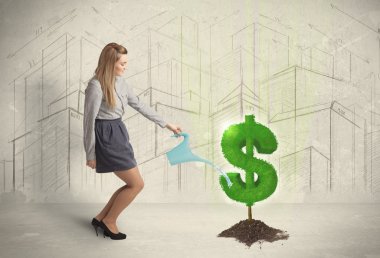 İş kadın poring su Doları ağaç üzerinde şehir backgrou üzerinde kayıt