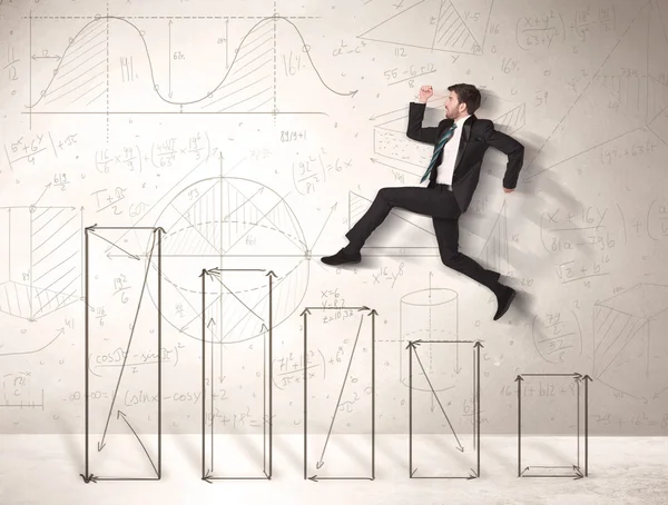 Fast business man jumping up on hand drawn charts — Stock Photo, Image