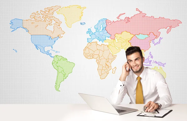 Business man with colorful world map background — Stock Photo, Image