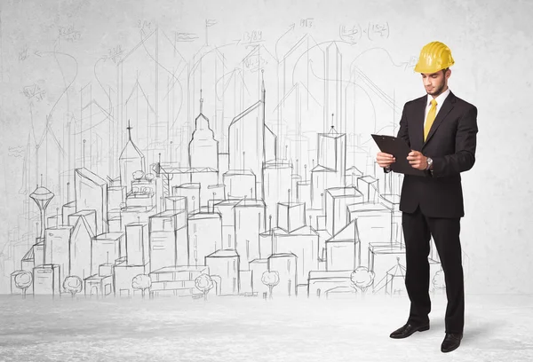 Construction worker with cityscape background — Stock Photo, Image