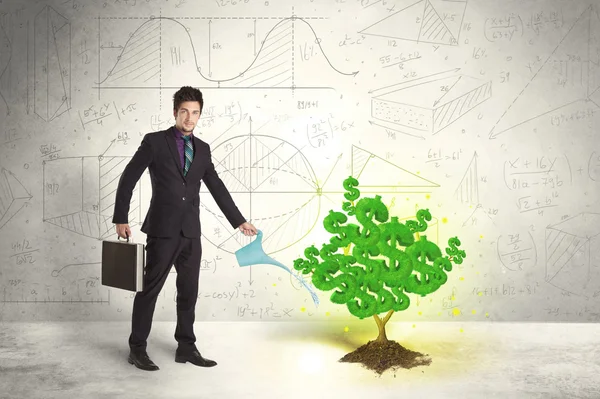 Hombre de negocios regando un árbol creciente signo de dólar verde — Foto de Stock