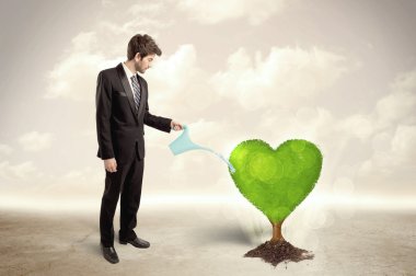 İş adamı kalp şeklindeki yeşil ağacı suluyor.