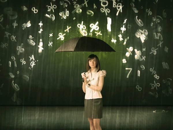 Mujer de negocios de pie con paraguas y números 3d lloviendo cono —  Fotos de Stock