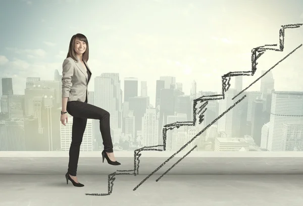 Business woman climbing up on hand drawn staircase concept — Stock Photo, Image