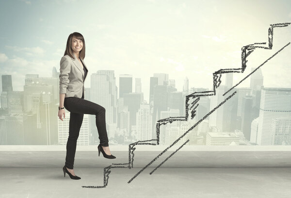 Business woman climbing up on hand drawn staircase concept