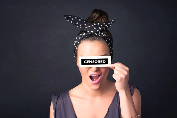 Pretty girl with censored paper sign — Stock Photo, Image