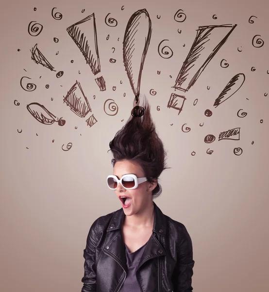 Young woman with hair style and hand drawn exclamation signs — Stock Photo, Image