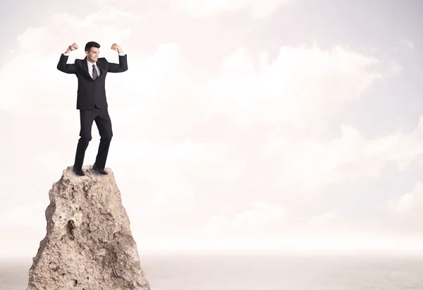 Happy businessman standing on cliff — Stock Photo, Image