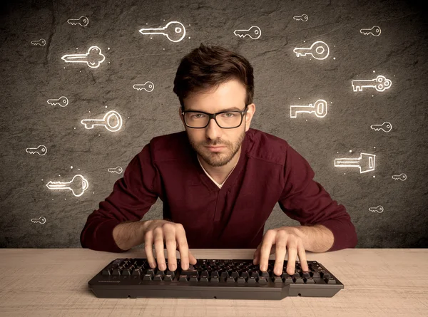 Hacker nerd ragazzo con le chiavi di password disegnate — Foto Stock