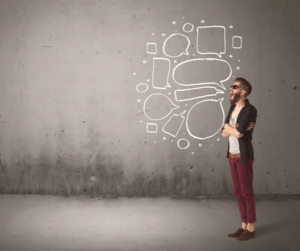 Shouting hipster with empty speech bubble — Stock Photo, Image