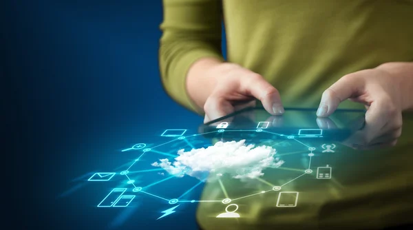 Close up of hand holding tablet with cloud network technology — Stock Photo, Image