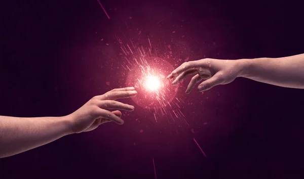 Touching hands light up sparkle in space — Stock Photo, Image