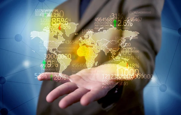 Business person holding earth statistics map — Stock Photo, Image