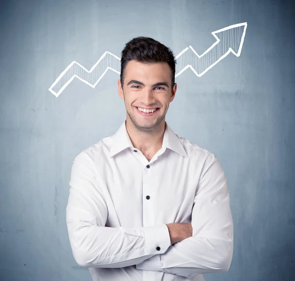 Smiling business guy with graph arrow — Stock Photo, Image