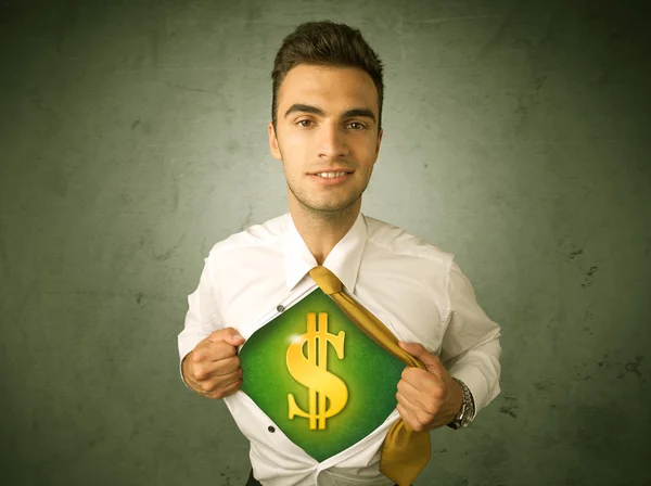 Businessman tearing off his shirt with dollar sign on chest — Stock Photo, Image