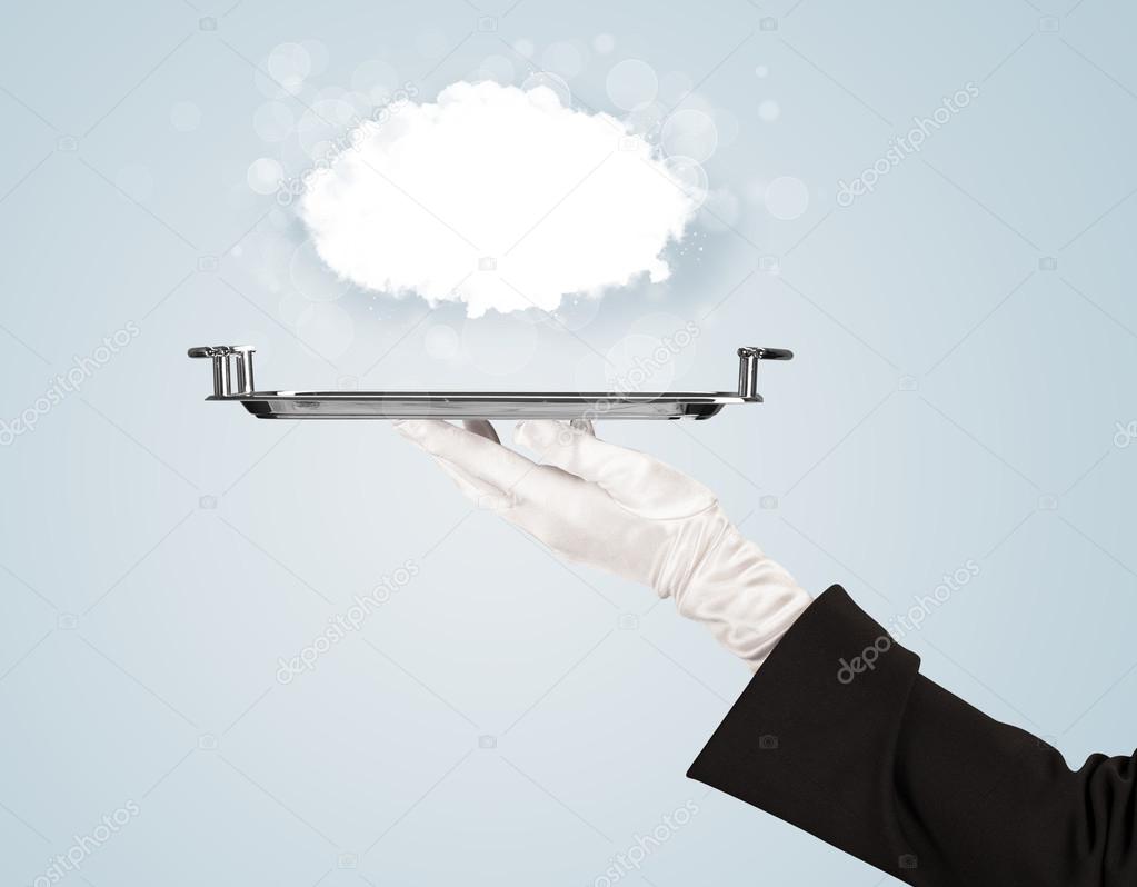 Hand holding clear big cloud on tray