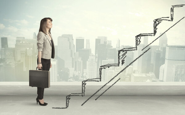 Business woman climbing up on hand drawn staircase concept