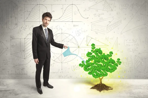 Homem de negócios molhando uma árvore de sinal de dólar verde crescente — Fotografia de Stock