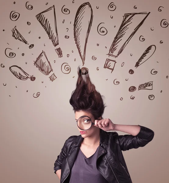 Young woman with hair style and hand drawn exclamation signs — Stock Photo, Image