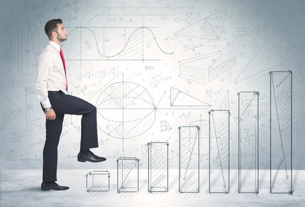 Business man climbing up on hand drawn graphs concept — Stock Photo, Image