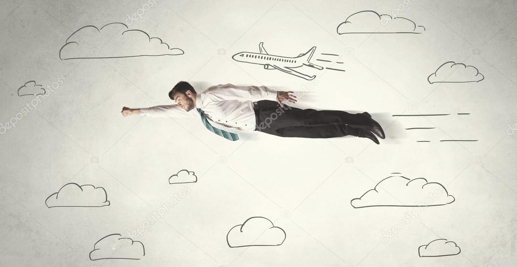 Cheerful business person flying between hand drawn sky clouds