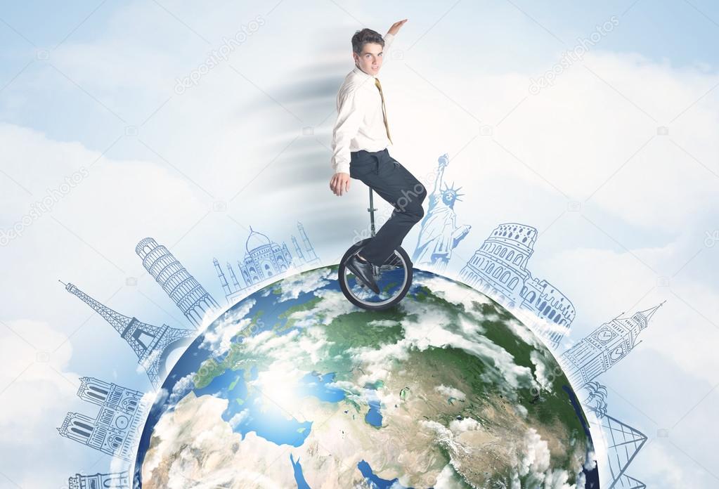 Man riding unicycle around the globe with major cities