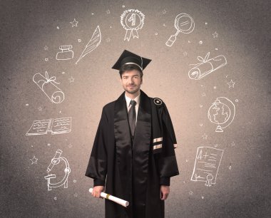 Elle çizilmiş okul ikonlarıyla mutlu bir öğrenci.