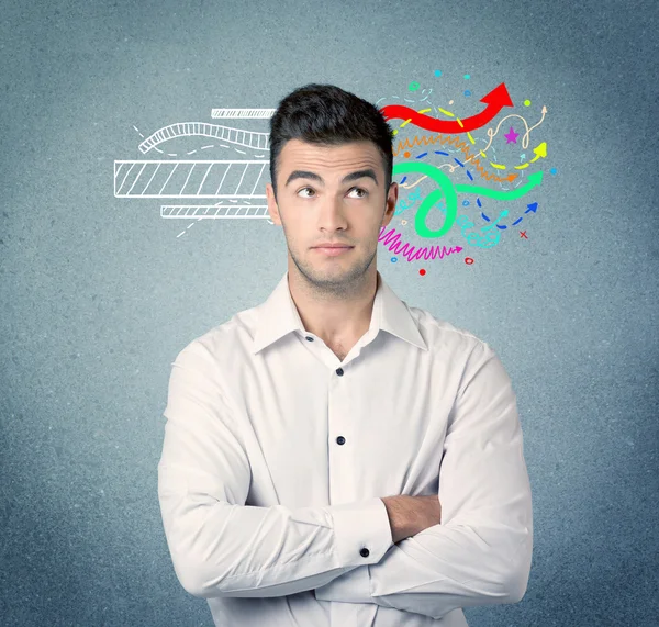 Happy creative business guy with illustration — Stock Photo, Image