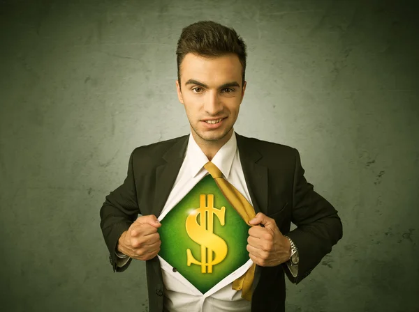 Businessman tearing off his shirt with dollar sign on chest — Stock Photo, Image