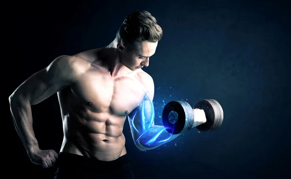 Fit athlete lifting weight with blue muscle light concept