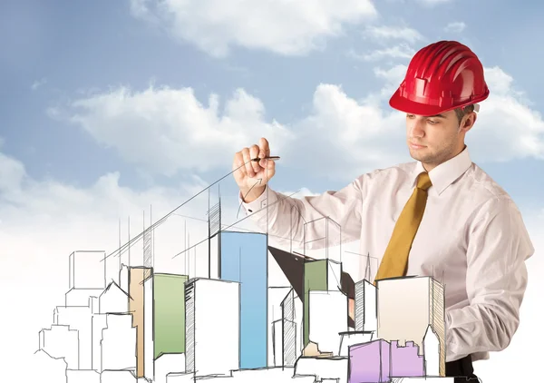 Construction worker planning a city sight — Stock Photo, Image