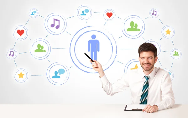 Business man with social media connection background — Stock Photo, Image