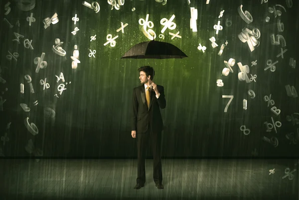 Businessman standing with umbrella and 3d numbers raining concep — Stock Photo, Image