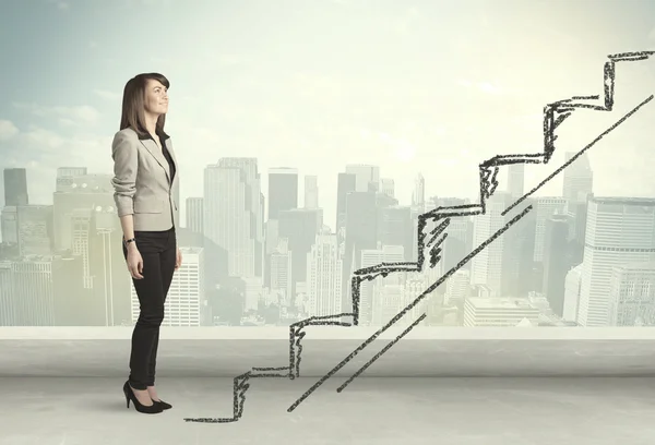 Business woman climbing up on hand drawn staircase concept — Stock Photo, Image