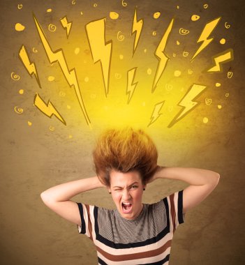 Saç stili ve el çizimi yıldırımlı genç bir kadın.