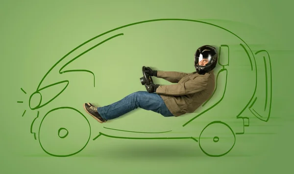 Homem dirige um eco friendy elétrico mão desenhada carro — Fotografia de Stock