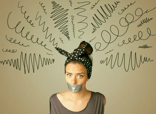 Young woman with glued mouth and curly lines — Stock Photo, Image