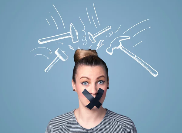 Young woman with glued mouth and hammer marks — Stock Photo, Image