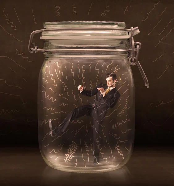 Businessman inside a jar with powerful hand drawn lines concept — Stock Photo, Image