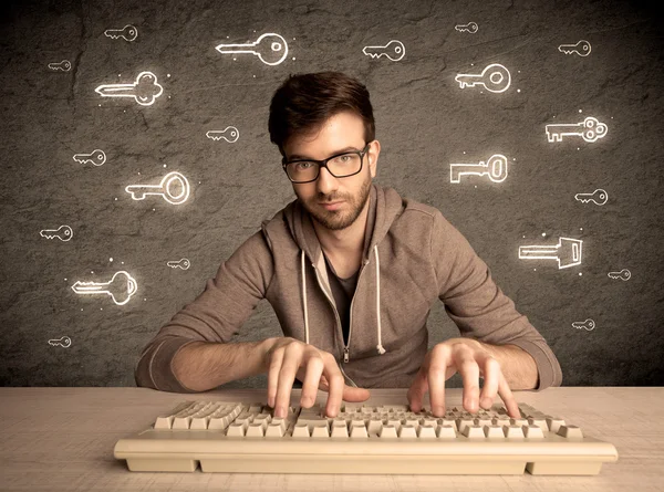 Hacker nerd ragazzo con le chiavi di password disegnate — Foto Stock