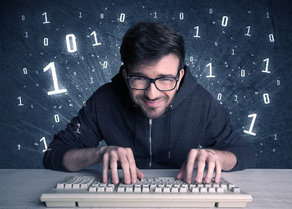 Online intruder geek guy hacking codes — Stock Photo, Image