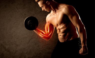Formda vücut geliştirici, kırmızı kas konseptiyle ağırlık kaldırıyor.