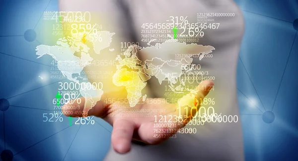 Pessoa de negócios terra estatísticas mapa na mão — Fotografia de Stock