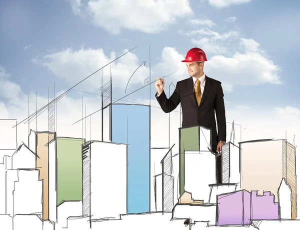 Construction worker planning a city sight — Stock Photo, Image